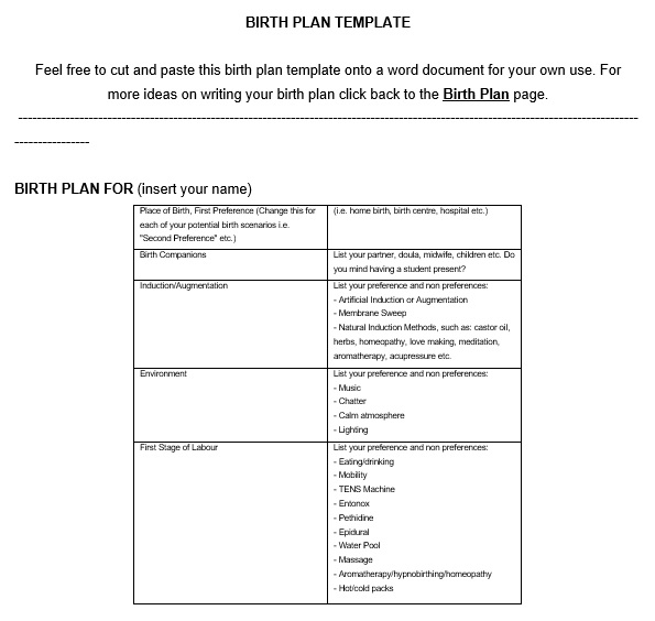 printable birth plan template 1
