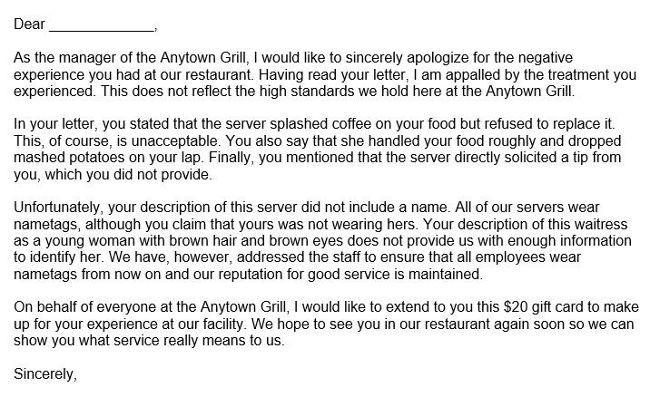 restaurant complaint apology letter