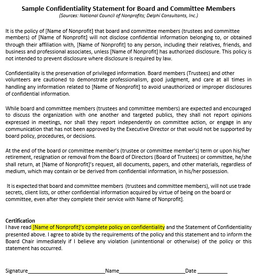 sample confidentiality statement for board and committee members