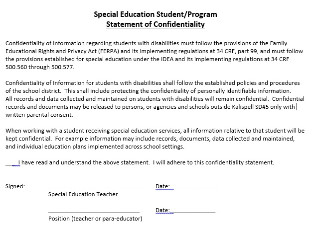 special education student program statement of confidentiality template