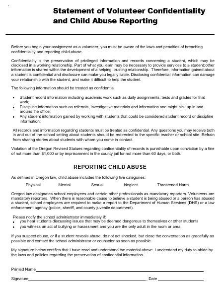 statement of volunteer confidentiality and child abuse reporting template