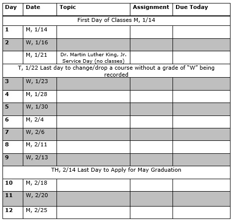 syllabus template for mw course schedules