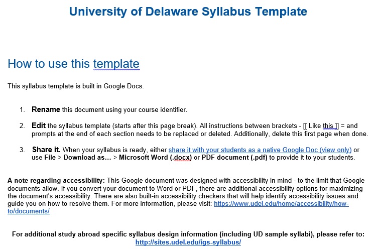 university of delaware syllabus template