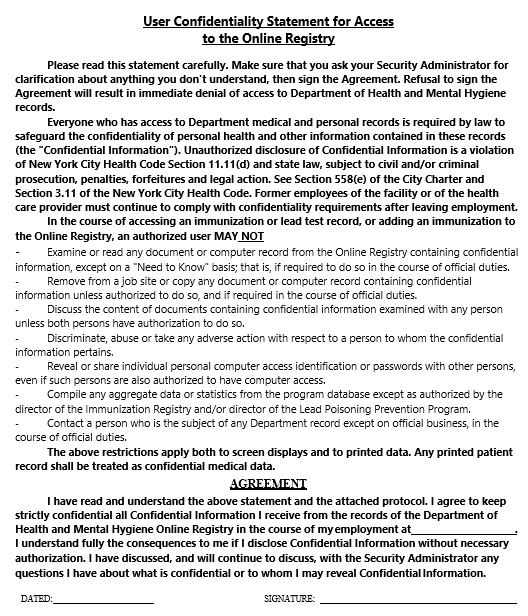 user confidentiality statement for access to the online registry