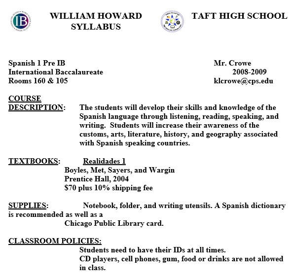 william howard taft high school syllabus template