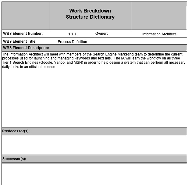 work breakdown structure dictionary template