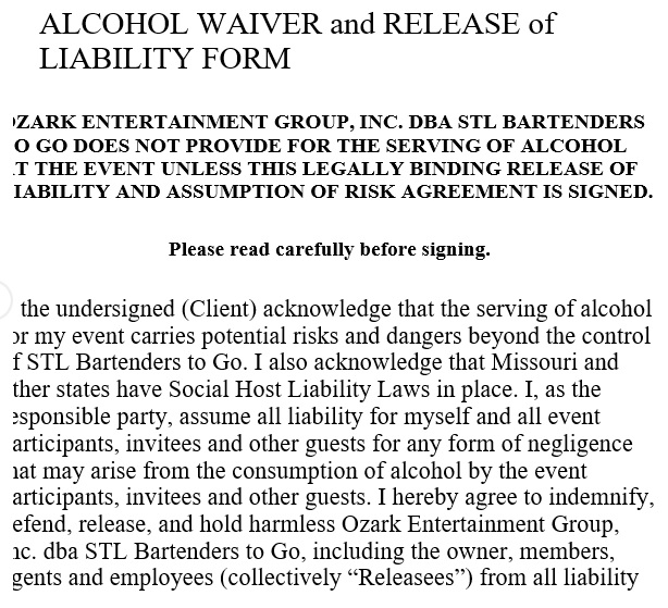 alcohol waiver and release of liability form