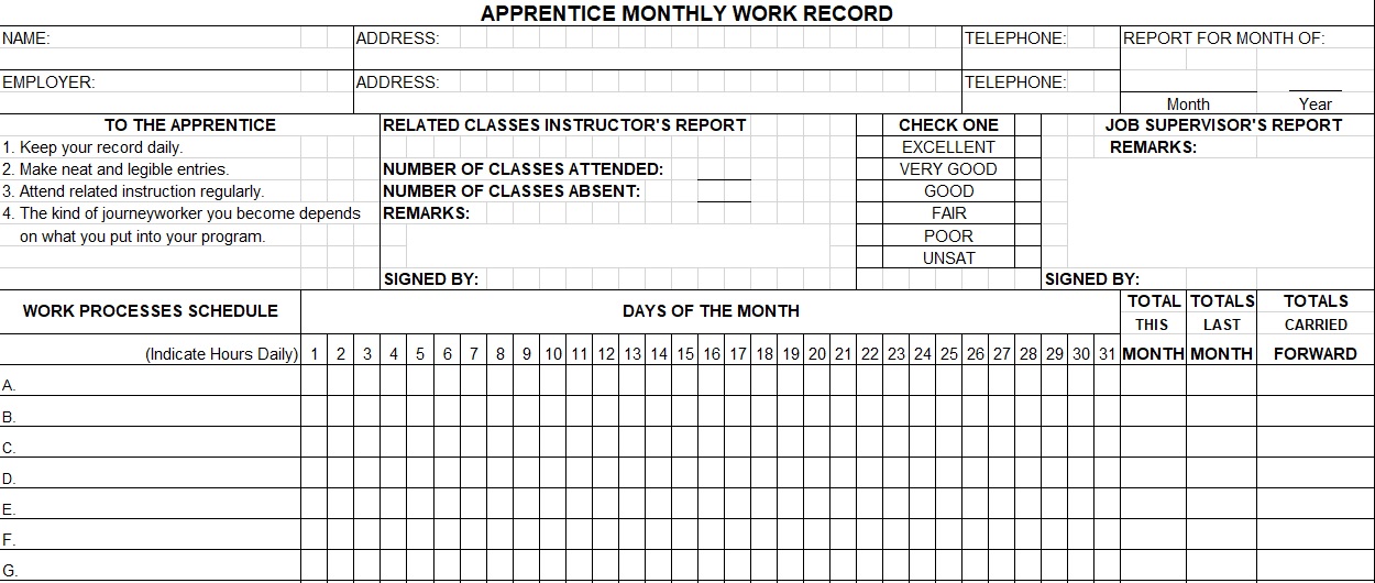 apprentice monthly work record