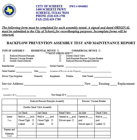 backflow prevention assembly test and maintenance report