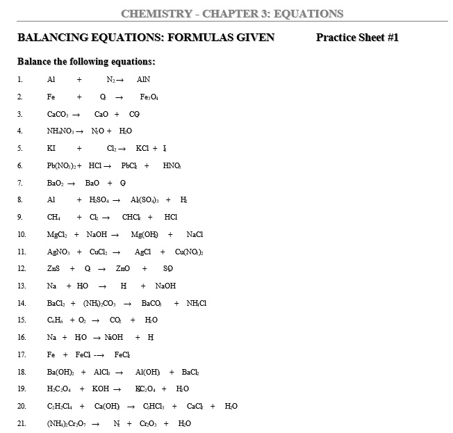 balancing equations formulas given worksheet