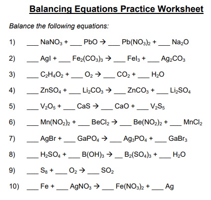 balancing equations practice worksheet
