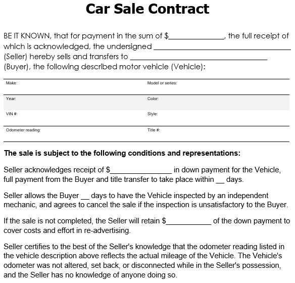 car sale contract agreement template
