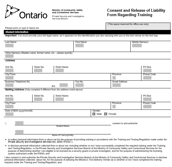 consent and release of liability form regarding training