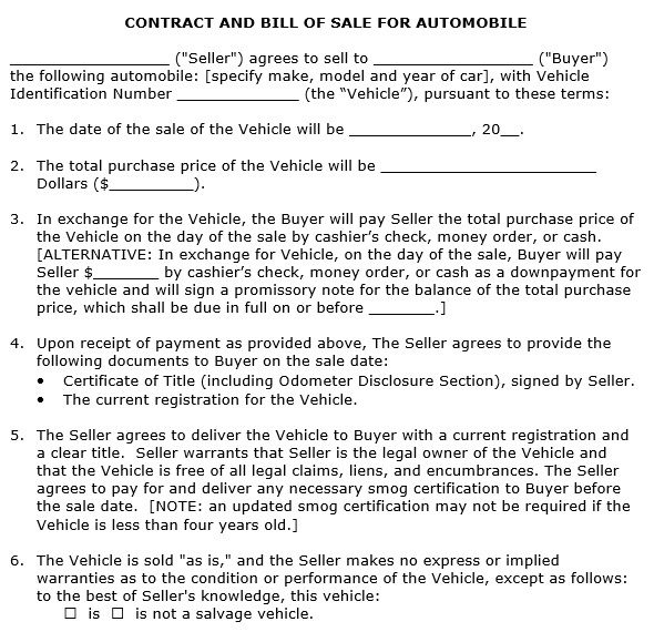 contract and bill of sale for automobile