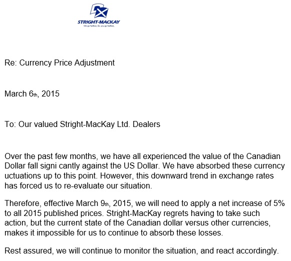 currency price adjustment letter