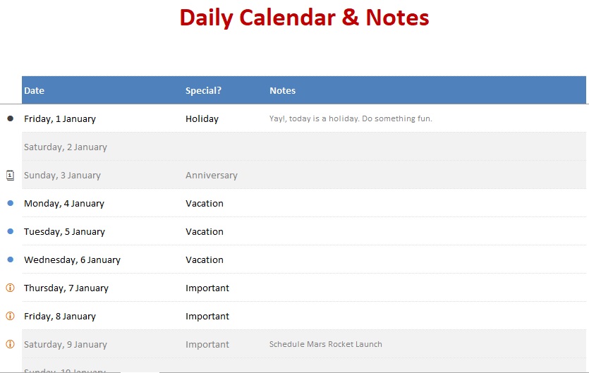 daily planner notes template