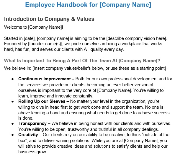 free employee handbook template 16