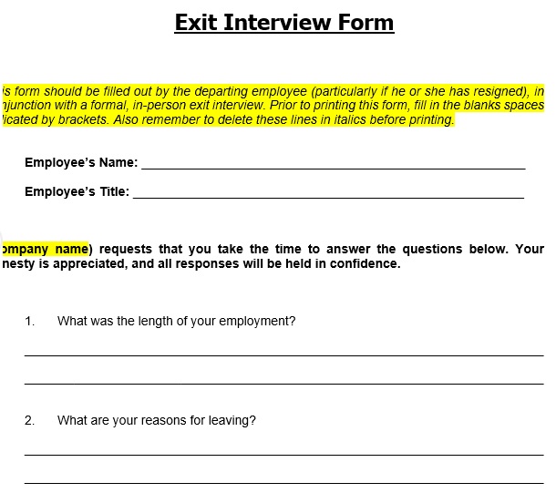 free exit interview form template word