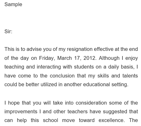 free teacher resignation letter