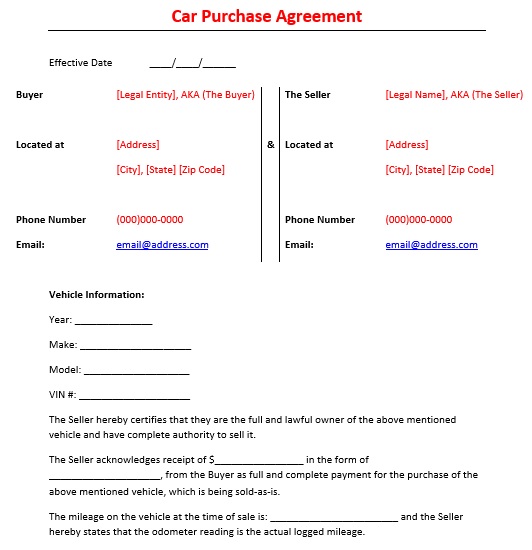free vehicle purchase agreement