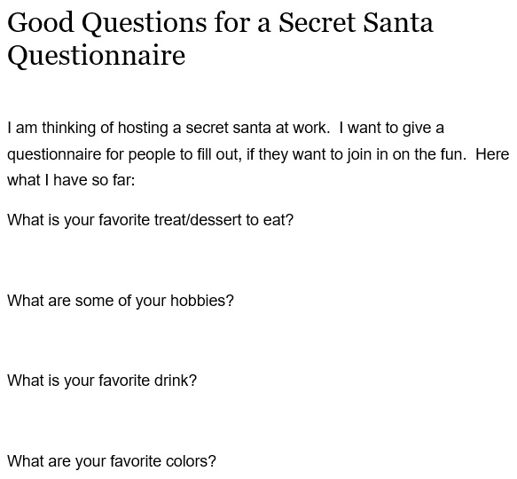good questions for a secret santa questionnaire