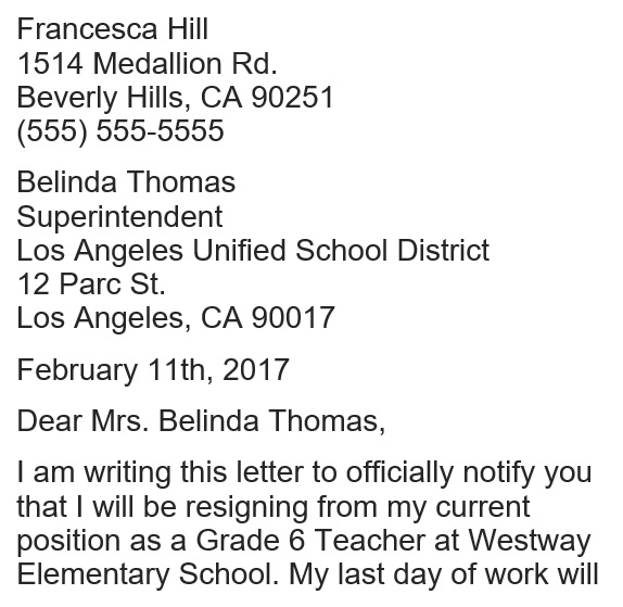 grade 6 teacher resignation letter
