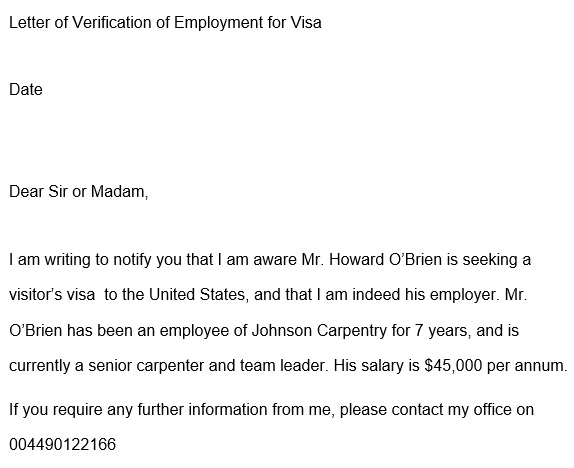 letter of verification of employment for visa