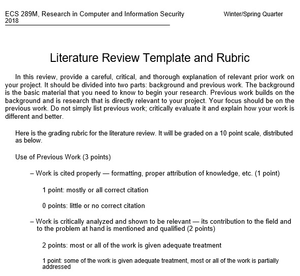 literature review template and rubric