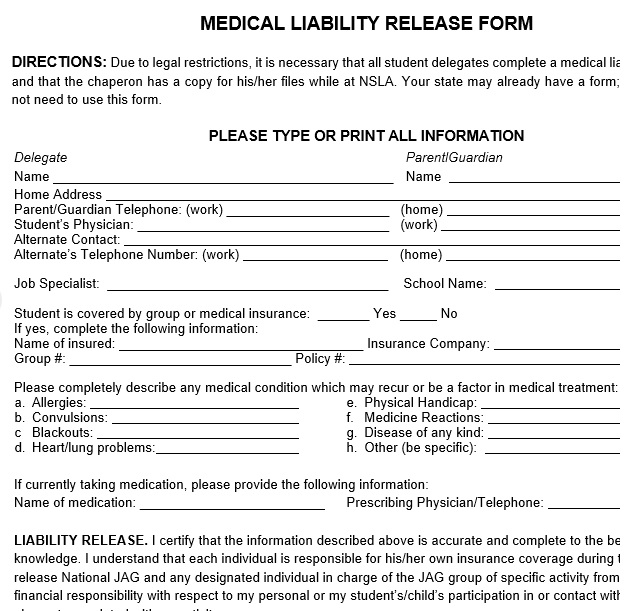 medical liability release form