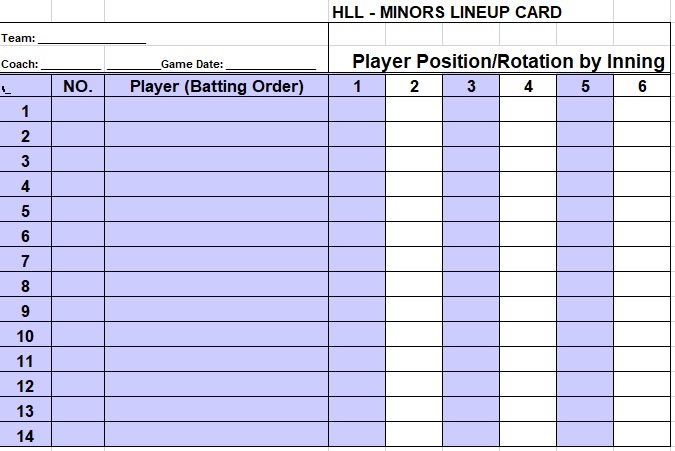 minors lineup card template