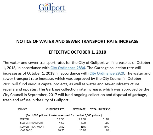 notice of water and sewer transport rate increase notice