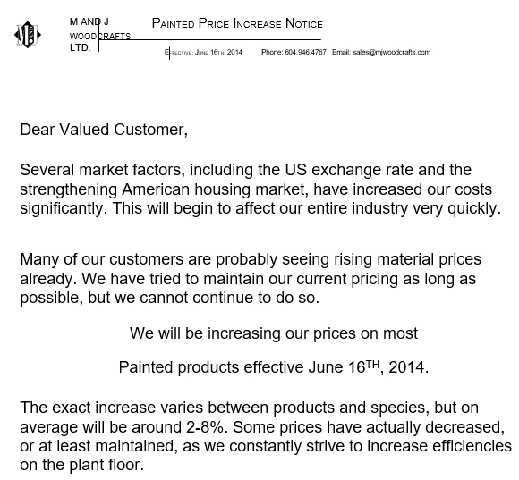 painted price increase notice letter
