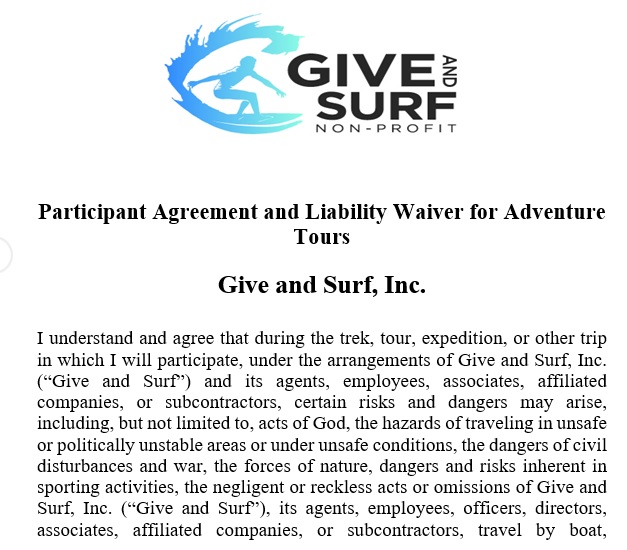 participant agreement and liability waiver for adventure tours