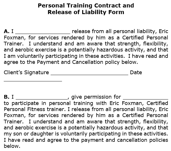 personal training contract and release of liability form