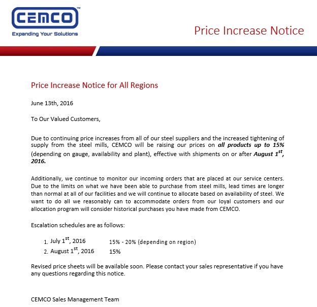 price increase notice for all regions