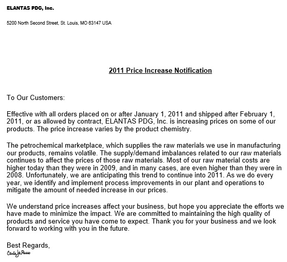 price increase notification letter