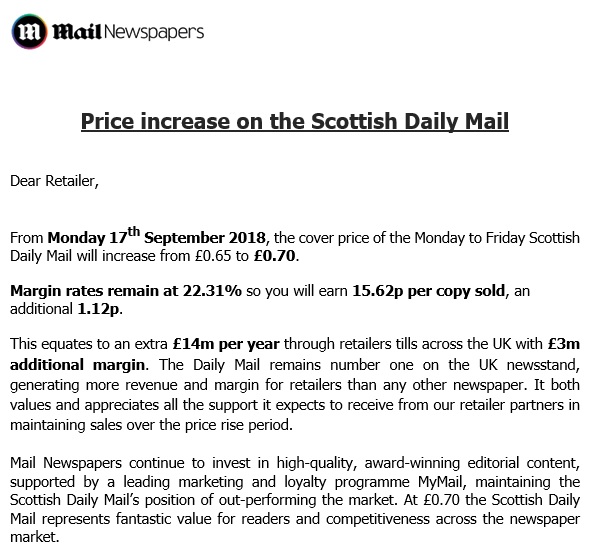 price increase on the scottish daily mail