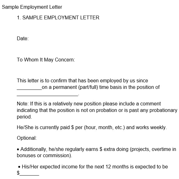 proof of employment letter sample