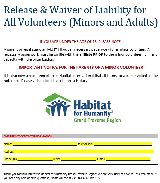 release waiver of liability for all volunteer