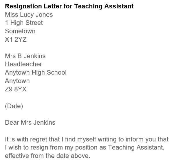 resignation letter for teaching assistant