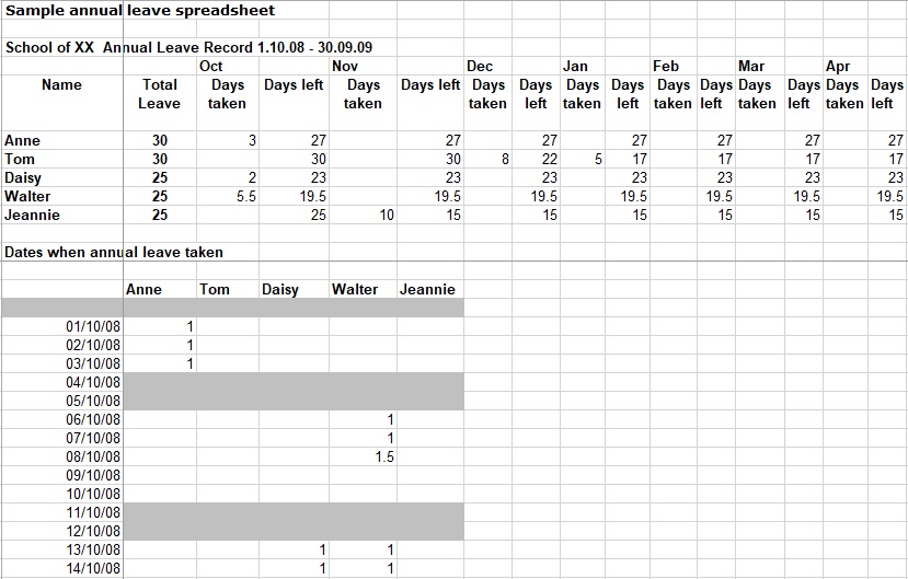 sample annual leave spreadsheet