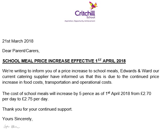 school meal price increase letter