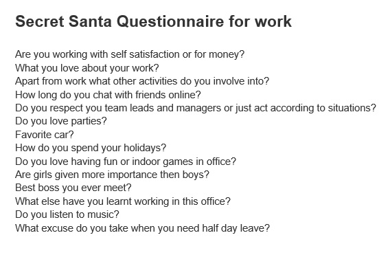secret santa questionnaire for work