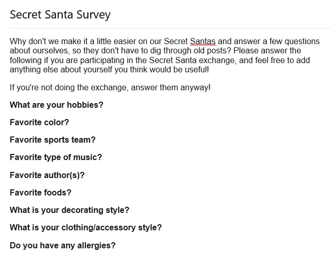 secret santa survey questions
