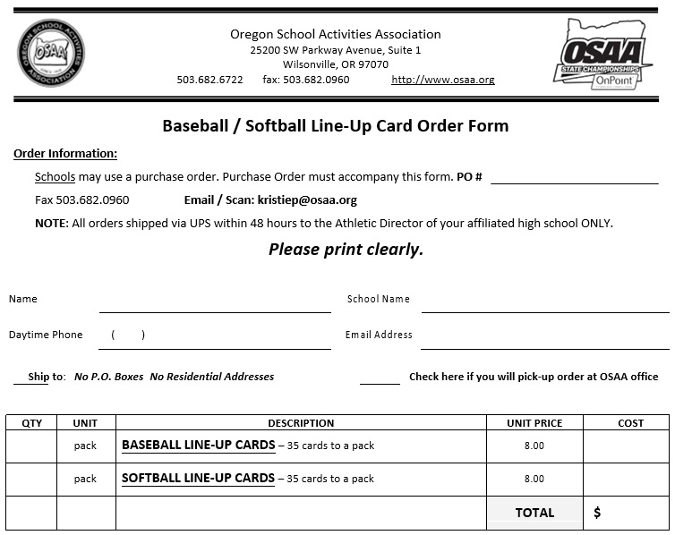 softball line‐up card order form