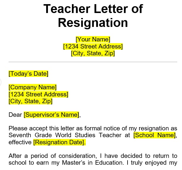 teacher letter of resignation template