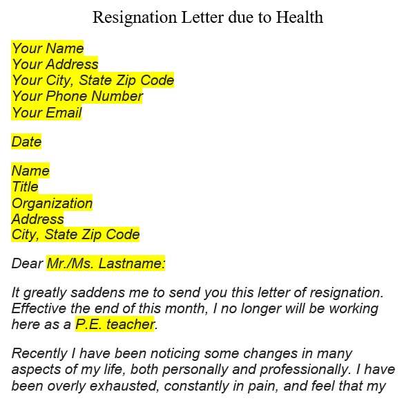 teacher resignation letter due to health