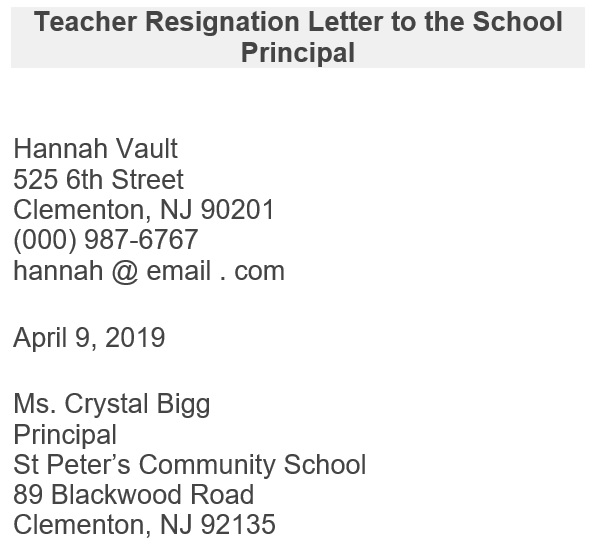 teacher resignation letter to school principal