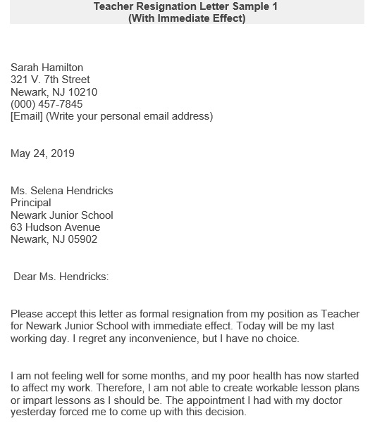 teacher resignation letter with immediate effect