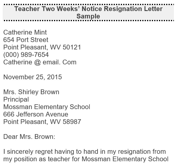 teacher two weeks notice resignation letter sample